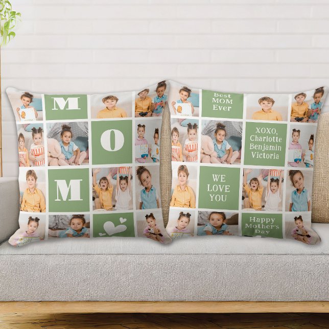 Coussin Fête des Mères MOM Modern Green 12 Photo Collage (Créateur téléchargé)