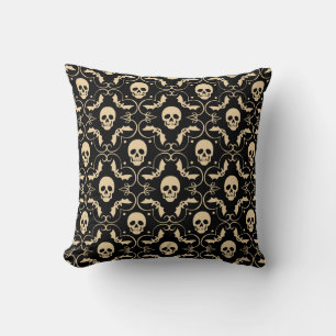 Coussin Fête d'Halloween crânes et chauves-souris noir et