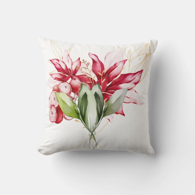 Coussin Fête d'hiver poinsettia aquarelle fleurs (Recto)