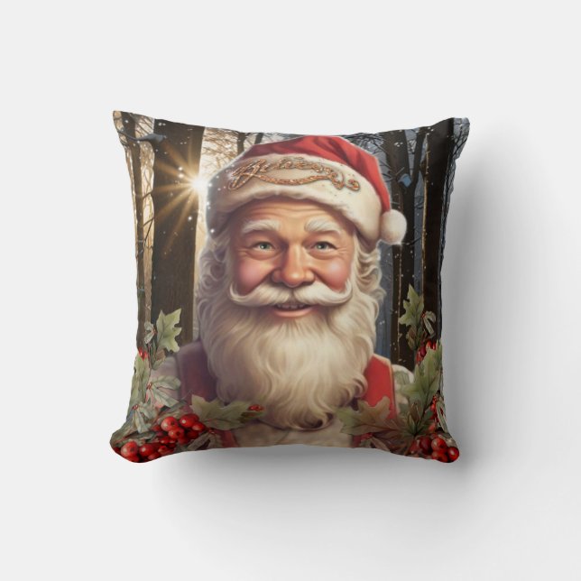 Coussin Fêtes de Noël Santa Claus forêt enneigée (Recto)