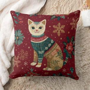 Coussin Fêtes hivernales : chat en pull