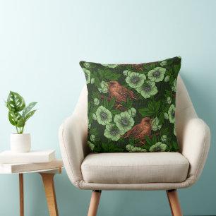 Coussin Feu et hellebore sur vert foncé