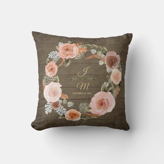 Coussin Feuillage de pivoine floue Aquarelle Bois rustique (Recto)