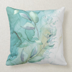 Coussin Feuillage vert de mer et encre Turquoise Mystique