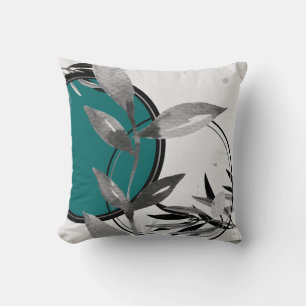 Coussin Feuille d'aquarelle Abstraite turquoise et grise