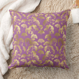 Coussin Feuille de Ginkgo Violet Royal Motif Luxe Or
