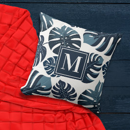 Coussin Feuille de Monstère Tropicale Bleue et Blanc de la