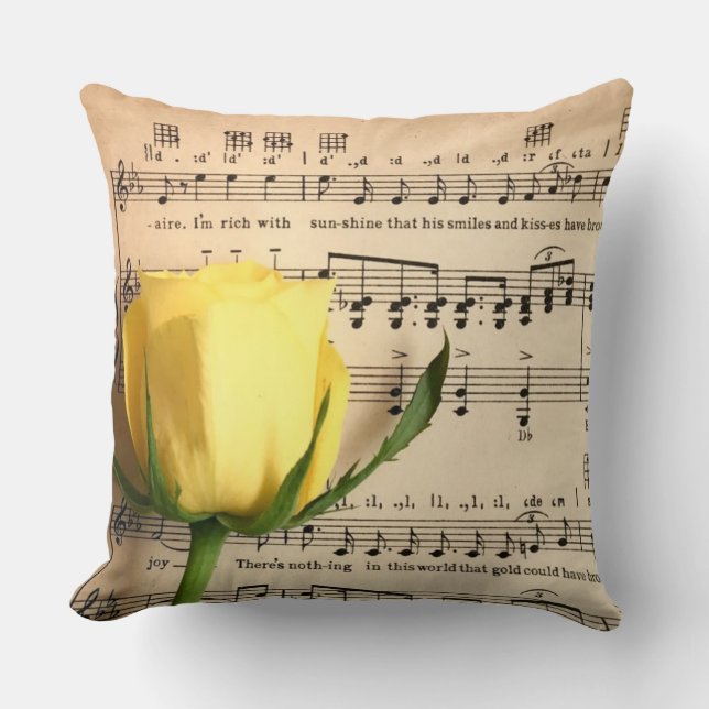 Coussin Feuille de musique rose jaune (Recto)