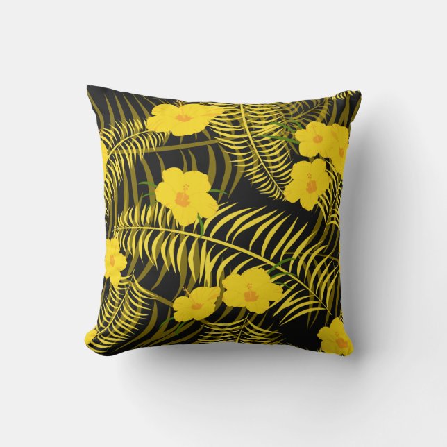 Coussin Feuille de palme jaune noire et fleurs d'hibiscus (Recto)