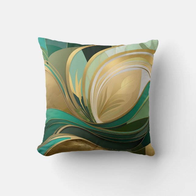 Coussin Feuille moderne Abstraite verte et or (Recto)