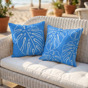 Coussin Feuille Tropicale Blanche Motif Méditerranéen Bleu