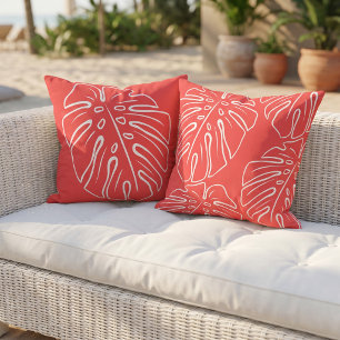 Coussin Feuille Tropicale Blanche Motif Melon Rouge