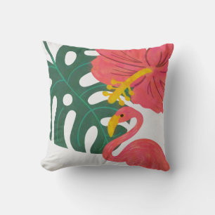 Coussin Feuille Tropicale, Fleur d'Hibiscus & Flamant Rose