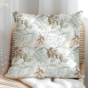 Coussin Feuilles aquarelles vert sauge et marron