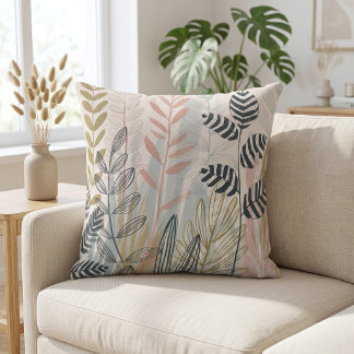 Coussin Feuilles Botaniques Abstraites Pastel Moderne