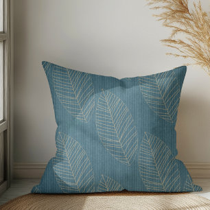 Coussin Feuilles Botaniques Bohème Modernes sur Tissu Bleu