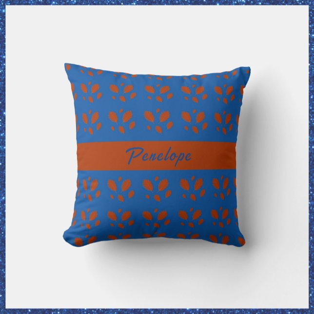Coussin Feuilles botaniques de jolie rouille sur le bleu r (Créateur téléchargé)