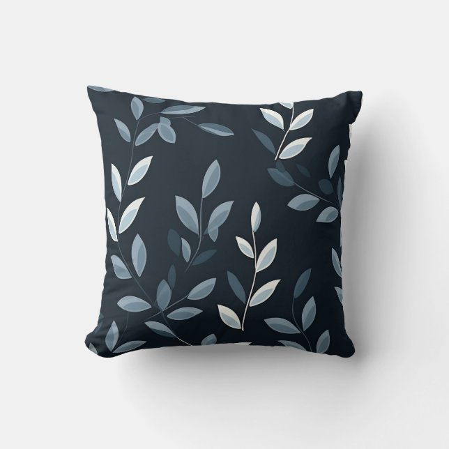 Coussin Feuilles d'aquarelle bleu et gris de la Marine (Recto)