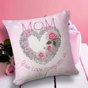 Coussin Feuilles d'argent Cœur et Rose rose Maman