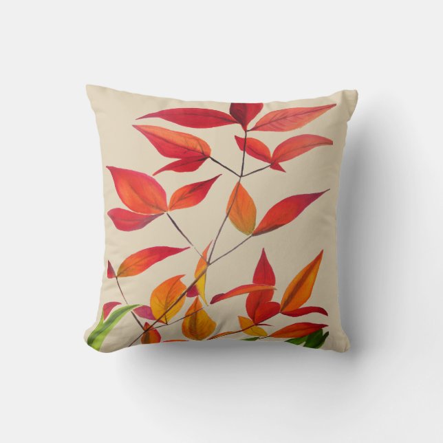 Coussin Feuilles d'automne orange art aquarelle original (Recto)