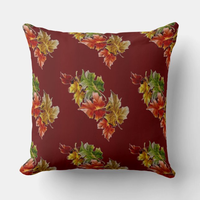 Coussin Feuilles d'automne rouge Bourgogne Motif Jeu d'ore (Recto)