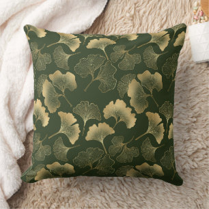 Coussin Feuilles de Ginkgo dorées élégantes Vert émeraude