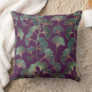 Coussin Feuilles de Ginkgo Tael de Luxe sur Fond Violet Fo