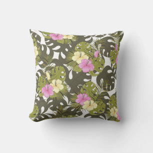 Coussin Feuilles de jungle tropicale et motif d'hibiscus