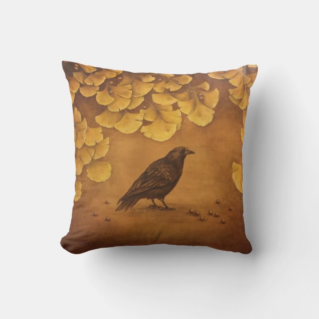 Coussin feuilles de l'oiseau noir et du Ginkgo doré (Recto)