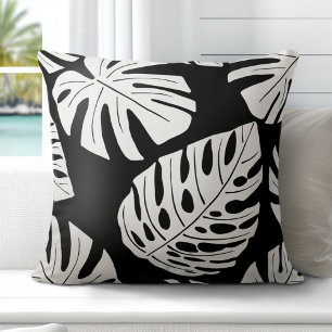 Coussin Feuilles de Monstera de Palme Noir Tropical