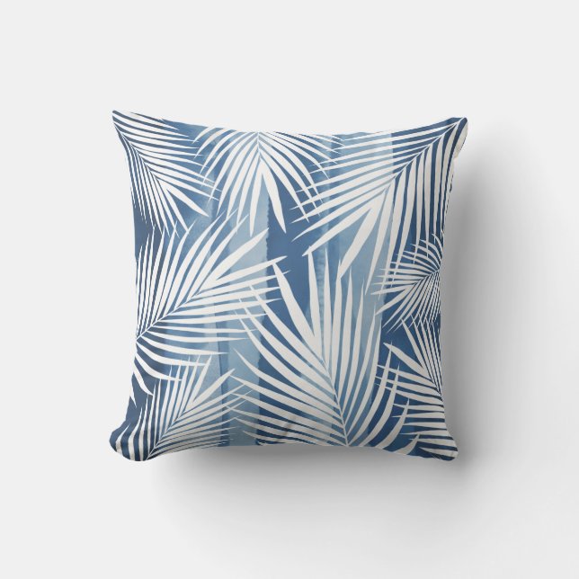 Coussin Feuilles de palme blanc bleu tropical moderne (Recto)