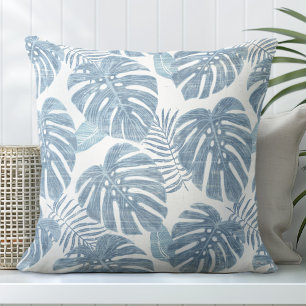 Coussin Feuilles de palme bleu clair et blanc Monstera