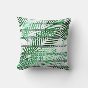 Coussin Feuilles de palme sur fond rayé noir et blanc