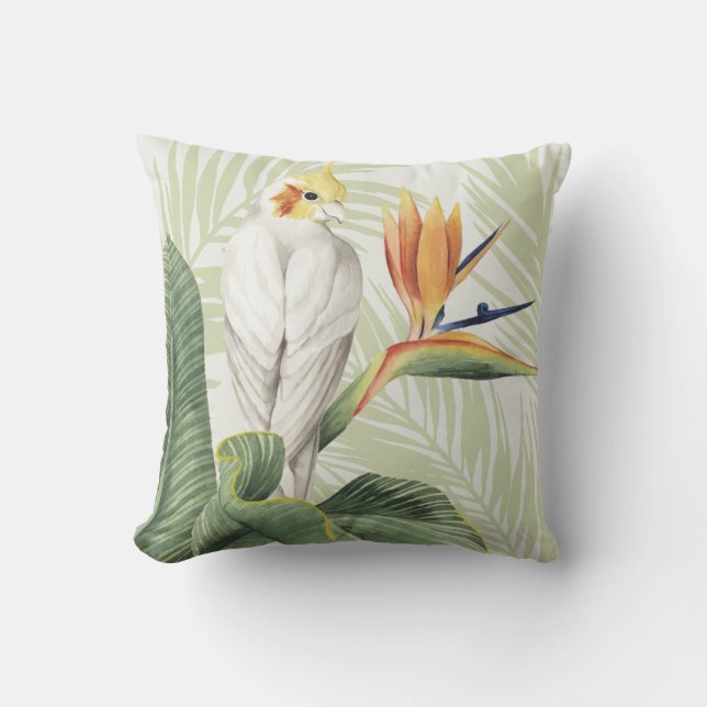 Coussin Feuilles De Palmiers Avec Oiseau Blanc (Recto)