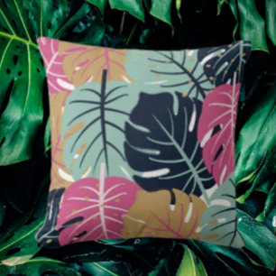 Coussin Feuilles de Palmiers Tropicaux en Rose et Bleu   D