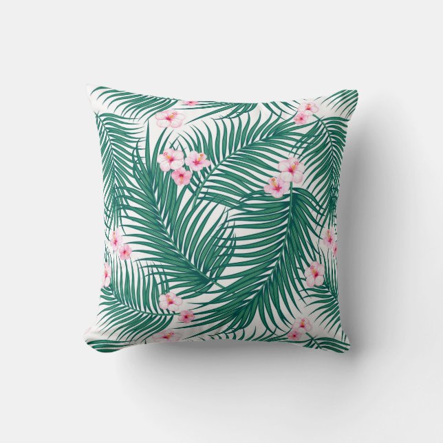 Coussin Feuilles de palmiers tropicaux verts avec fleurs d (Recto)