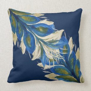Coussin Feuilles de Paon Bleu Aquarelle Peintes à la Main