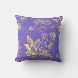 Coussin Feuilles d'or chatoyants et fleurs Lilac