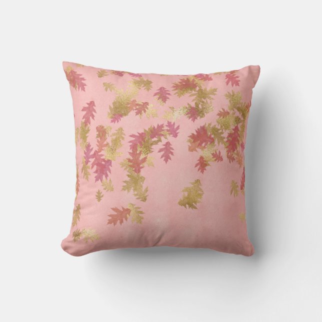 Coussin Feuilles d'or rose corail Foxier Pastel (Recto)