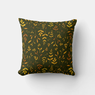 Coussin Feuilles dorées d'automne chaud motif vert foncé