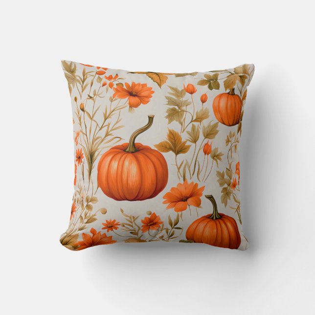 Coussin Feuilles Et Fleurs Citrouille Orange, Décor Automn (Recto)