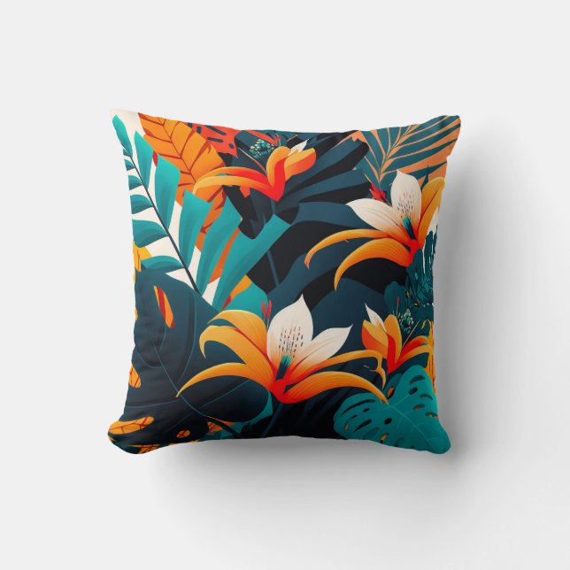 Coussin Feuilles et fleurs tropicaux colorés et élégants | (Recto)