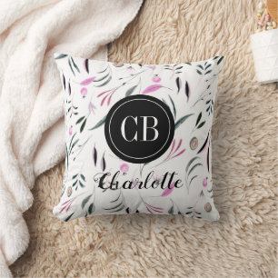 Coussin Feuilles et fruits roses et verts Monogramme et no