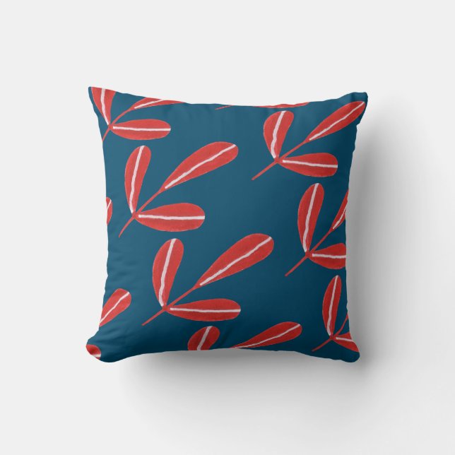 Coussin Feuilles rouges en bleu (Recto)