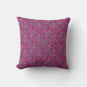 Coussin Feuilles stylisées rose et turquoise Motif rouge