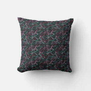 Coussin Feuilles stylisées rose et turquoise sur fond noir