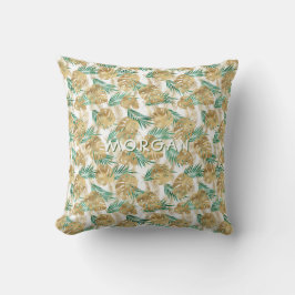 Coussin Feuilles tropicales dorées/vertes, nom blanc perso
