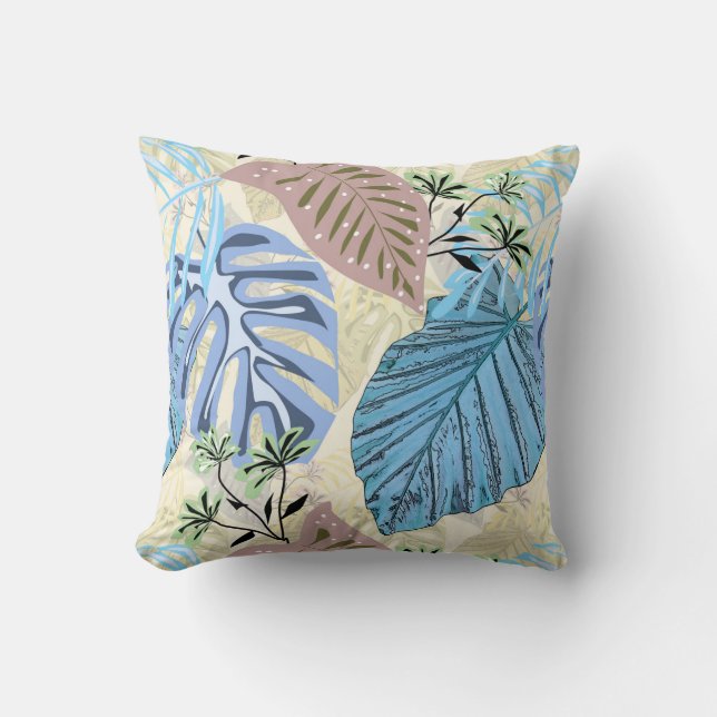 Coussin Feuilles tropicaux bleu et violet. (Recto)