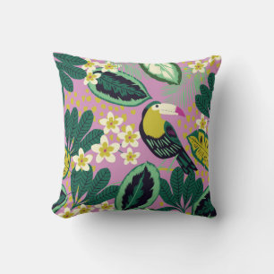 Coussin Feuilles tropicaux, fleurs et toucan oiseau transp