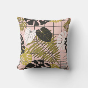 Coussin Feuilles tropicaux, fleurs, motif peint à la main.